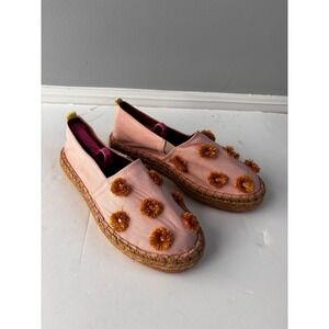 Silvia Cobos Espadrille Slip On Shoes, Pink‎ Floral Raffia Trim, Size 8.5